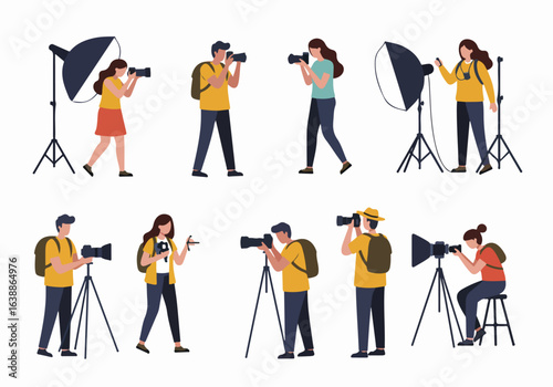 Collection of diverse cartoon photographers with professional cameras and studio equipment, capturing moments on a white background.