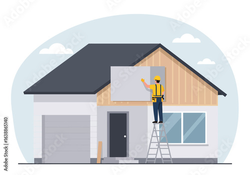 A professional builder on a ladder installing exterior siding on a modern residential house, a vector illustration of home improvement and renovation.