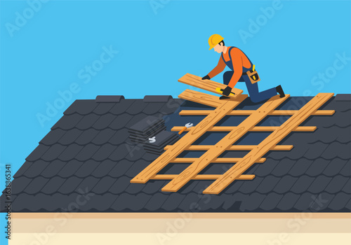 Professional builder and roofer character fixing a house rooftop. Home repair and construction concept with a man in a helmet laying shingles.