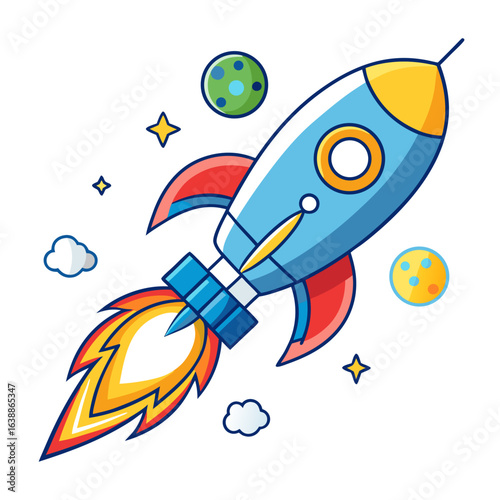 Cartoon rocket ship blasting off into space with planets and stars
