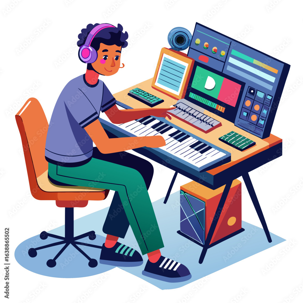Young man creating music with headphones and keyboard at a desk Young man creating music with headphones and keyboard at a desk
