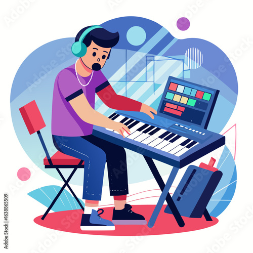Young man playing electronic keyboard with headphones and digital music production setup