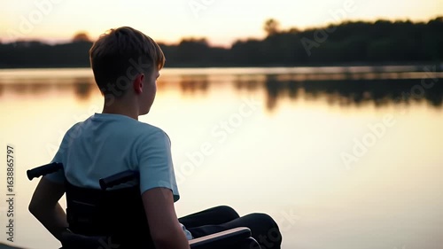 Boy in Wheelchair Enjoying the Sunset at the Lake with Forest in the Background