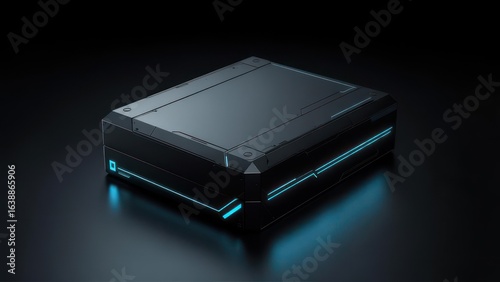 Sleek Futuristic Hard Case with Glowing Cyan Accents on a Dark Reflective Surface