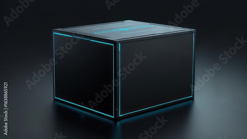 Sleek Futuristic Black Cube Illuminated by Glowing Cyan Energy Lines on a Dark Reflective Surface