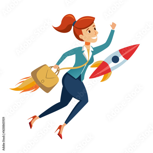 Businesswoman with briefcase and rocket propulsion flying forward
