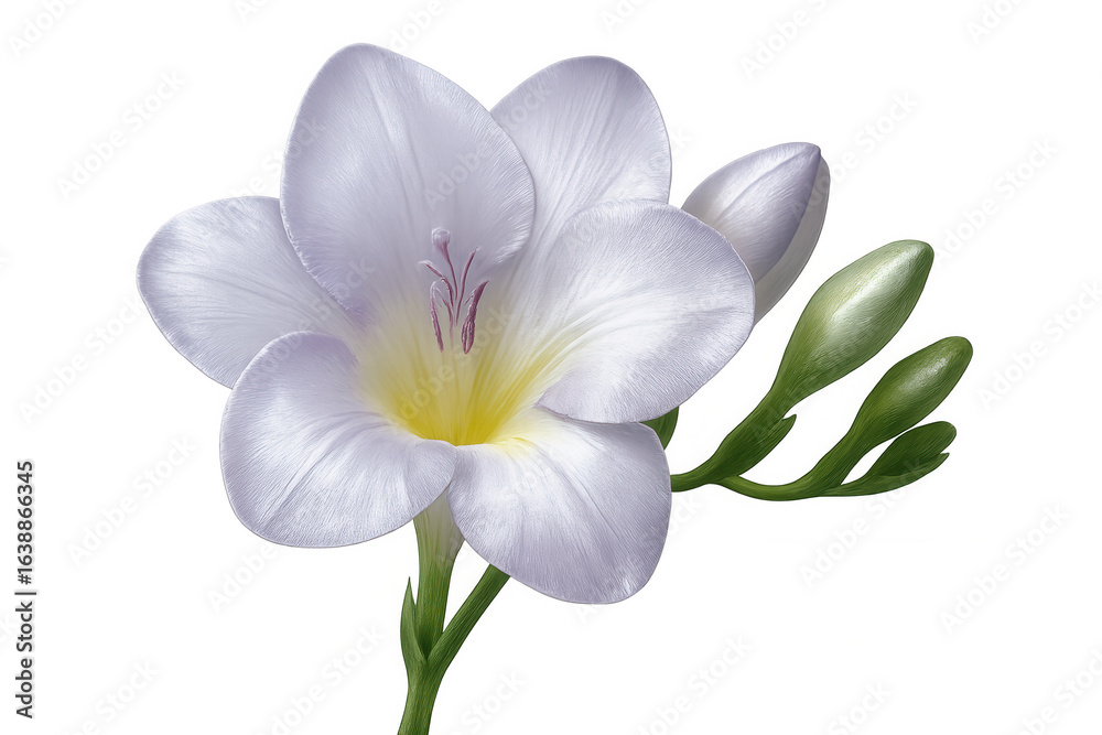 Naklejka premium Elegant white freesia blossom opening gracefully, soft petals unfurling against pristine transparent backdrop, highlighting botanical delicacy