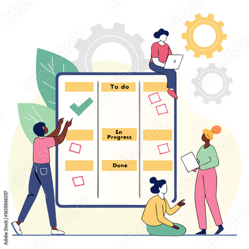 Team collaborating on a kanban board for project management and task tracking