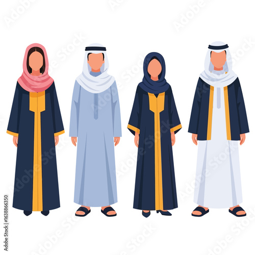 Four people in traditional Middle Eastern attire, standing in a row, showcasing various garments and head coverings.