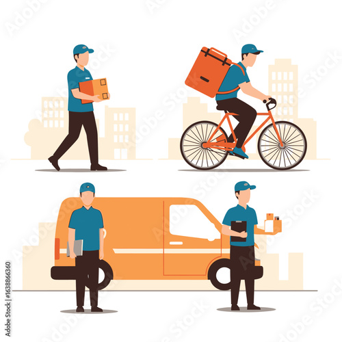 Delivery person in various stages of delivering packages, showcasing different transportation methods.