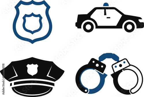 Police insignia, vehicle, hat, and handcuffs; law enforcement symbols.