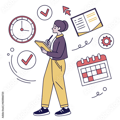 Woman planning and organizing tasks with calendar and clock