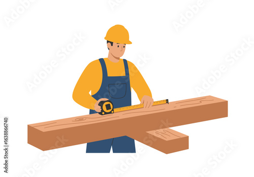 Skilled male builder and carpenter in protective gear using a tape measure to check the dimensions of a wooden beam for a construction job.