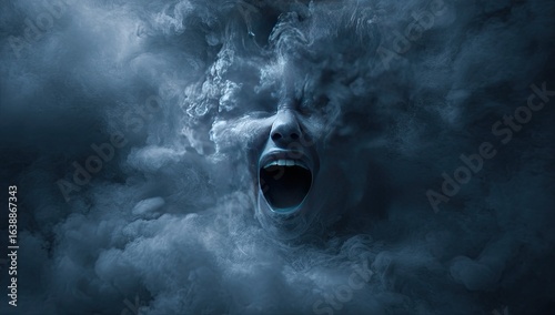 Woman's face screams, engulfed by smoke, dark background, horror concept art
