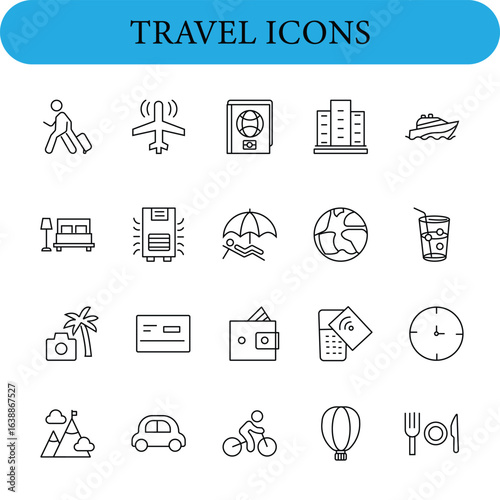 Travel and Tourism set of web icons in line style. Icons include a walking person with a suitcase, airplane, passport, hotel, and cruise ship.