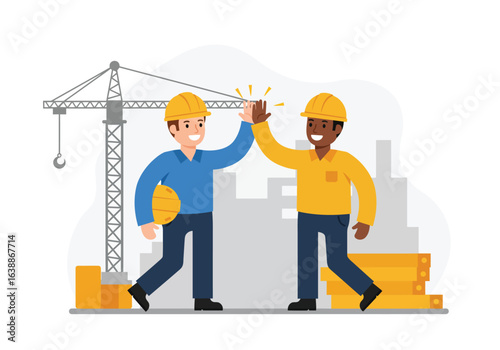 Two diverse male builder characters giving a high five to celebrate successful teamwork on a construction site with a crane