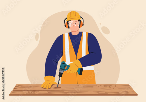 Illustration of a builder in full safety gear, hard hat, and earmuffs, using a power drill on wood. A professional builder engaged in precision carpentry work for a construction project.