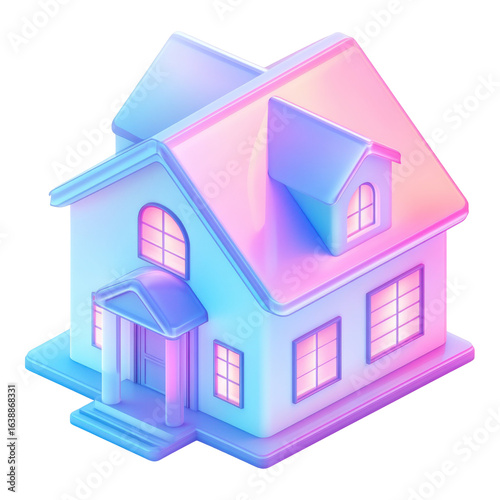Dreamy House in Technicolor: A stylish 3D illustration of a modern house, bathed in vibrant, dreamlike hues, evoking a sense of futuristic charm.