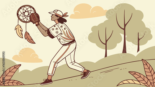 Dream catcher baseball player catching dreams in nature illustration with trees and clouds art work