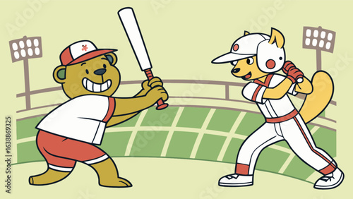 Illustration of cartoon bear and dog playing baseball in a stadium with baseball bat and uniform