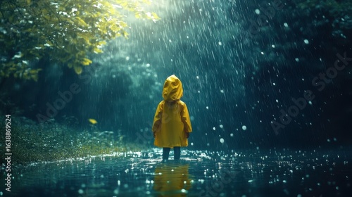 Child in Yellow Raincoat Standing in Rainy Forest Landscape
