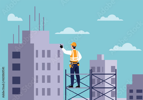 Skilled professional builder on scaffolding managing a skyscraper project, a vector concept of urban development and the construction industry.