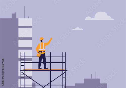 An illustration of a professional builder standing on high scaffolding, directing the construction of a modern urban skyscraper.