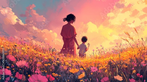 Serene Mother and Child Walking Through Colorful Flower Field
