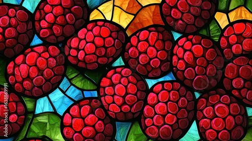 Vibrant Red Raspberries on Colorful Stained Glass Background Design