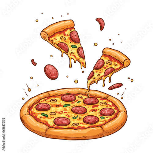 Delicious pepperoni pizza with melting cheese and slices in motion – stock vector flat illustration