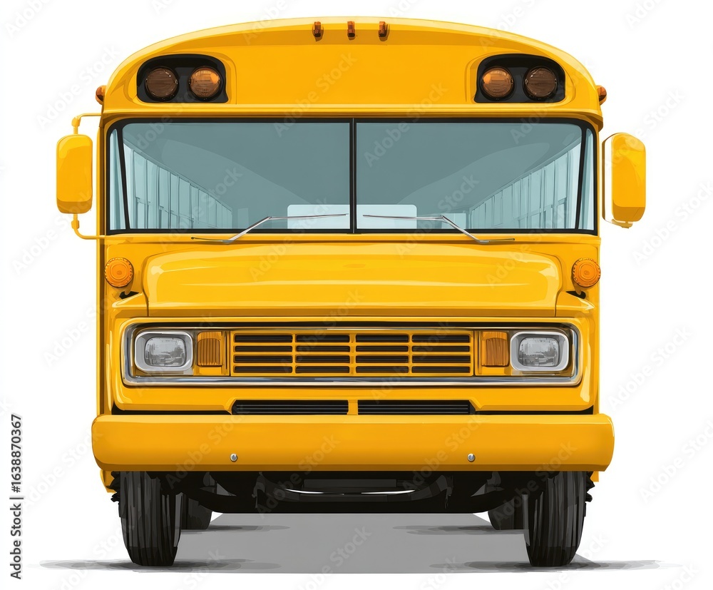 Fototapeta premium Front view of a classic yellow school bus. Bright yellow bus, front-facing, detailed. Classic design, isolated on white background