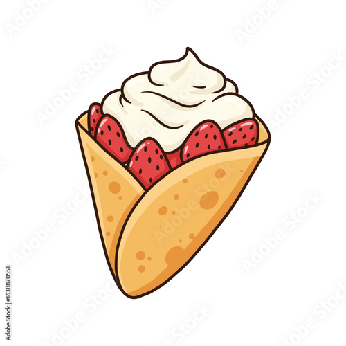Delicious dessert crepe with strawberries and whipped cream illustration – stock vector flat illustration