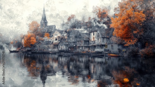 Serene Village Reflected in Calm Water with Autumn Colors and Mist