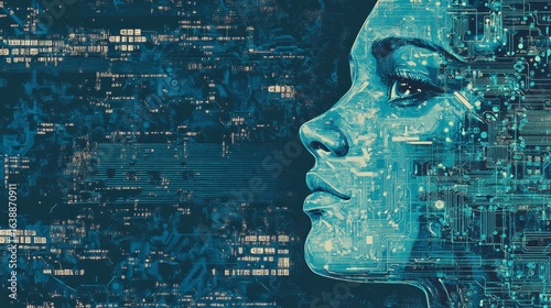 Futuristic Portrait of Woman with Digital Circuitry Background