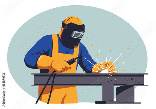 A skilled builder in protective gear, this welder illustration shows a professional using a tool to join metal beams with bright sparks.