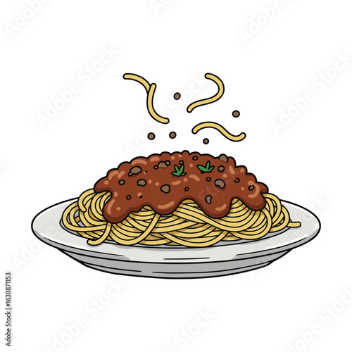 Delicious spaghetti bolognese on plate with parsley garnish – stock vector flat illustration