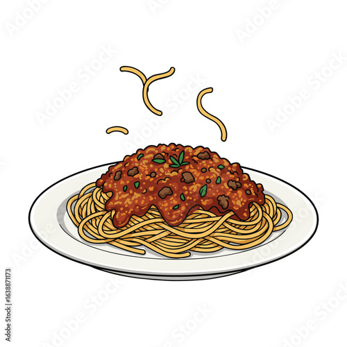 Classic spaghetti bolognese dish with rich meat sauce and herbs – stock vector flat illustration