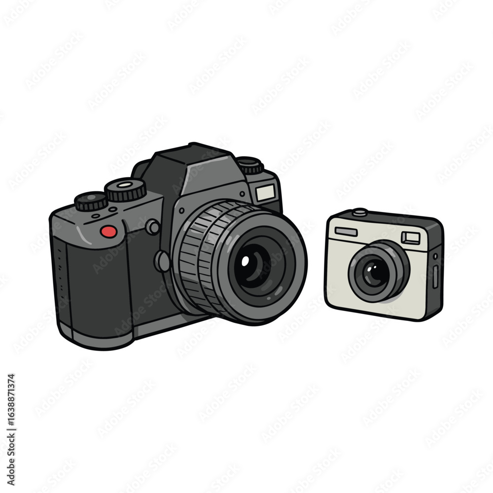 Fototapeta premium Comparison of retro slr and compact point-and-shoot cameras – stock vector flat illustration