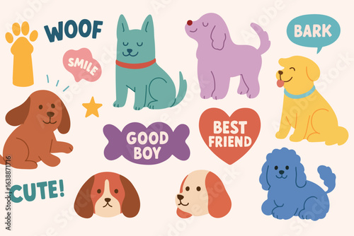 dog sticker vector. Lovely dog doodle pattern in different poses and breeds. Adorable funny pet and many characters hand drawn collection for T-shirt, sticker, print, pet shop