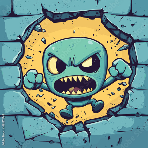 angry alien breaks out through the wall, vector style simple color