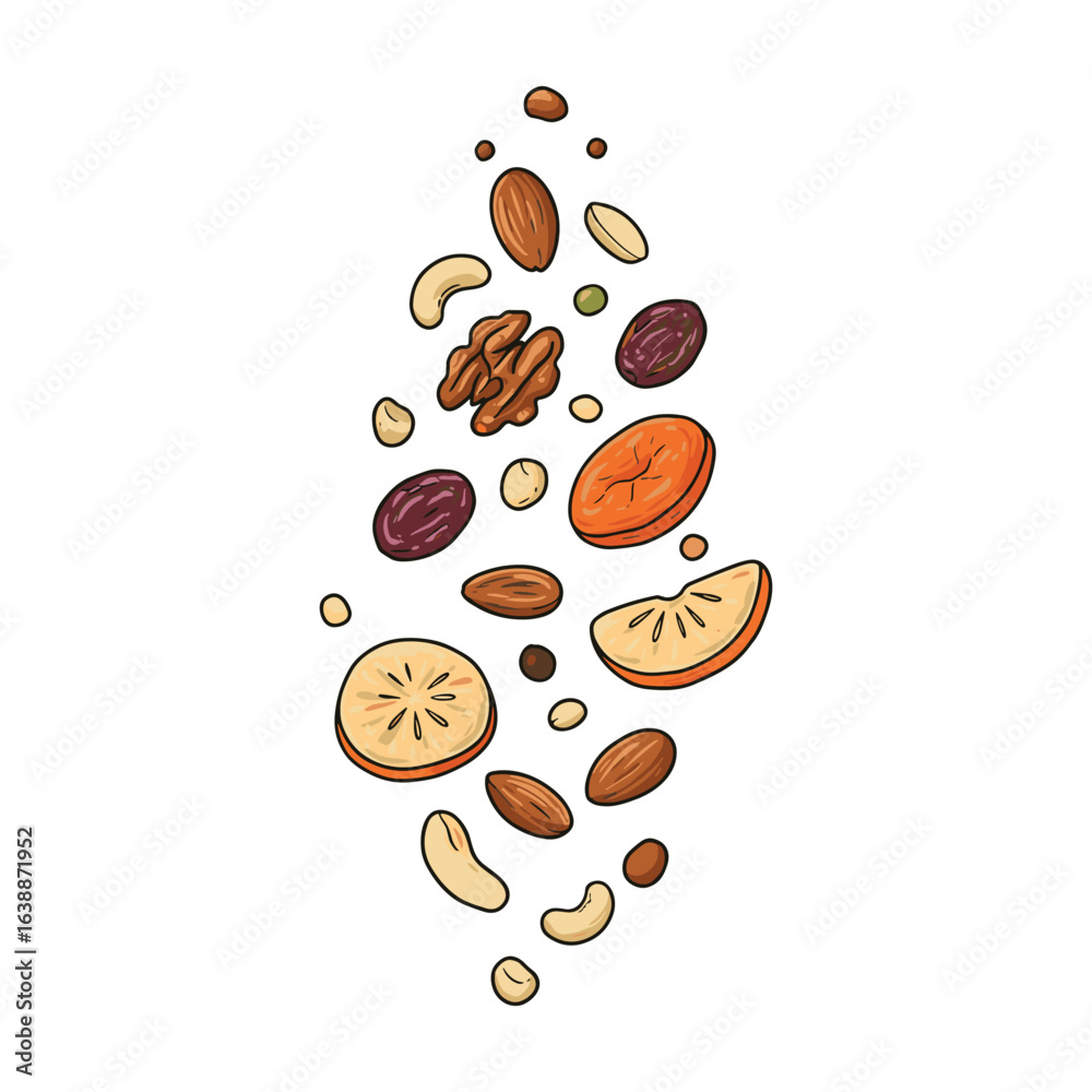 Obraz premium Assorted nuts and dried fruits falling – stock vector flat illustration