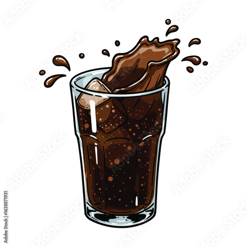 Refreshing soda splash with ice and chocolate bar in glass – stock vector flat illustration