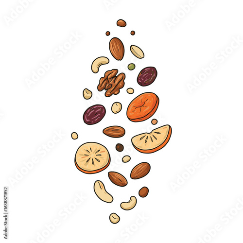 Assorted nuts and dried fruits falling – stock vector flat illustration