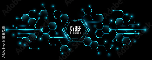 Futuristic cyber diagram with glowing blue neon connected hexagons on a black background. Infographic UI elements for digital, AI, blockchain, or data network concepts. Vector illustration.