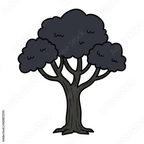 Cartoon black tree illustration with dense foliage and sturdy trunk – stock vector flat illustration