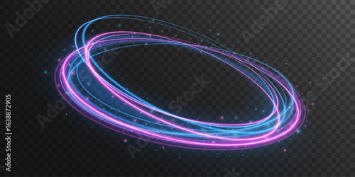 Abstract glowing neon rings with flying particles isolated on dark transparent background. A bright trail of light swirling in a spiral. Purple and blue flash. Vector illustration.