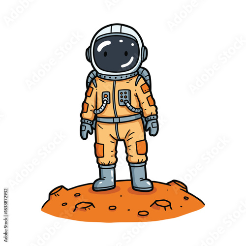 Cute cartoon astronaut in orange spacesuit standing on martian terrain – stock vector flat illustration