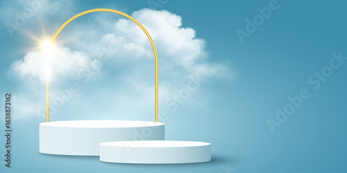 3D podium with golden arc, realistic fluffy clouds and sun light effect on blue background. Seasonal sunny scene for product display, branding or fashion presentation. Vector illustration.
