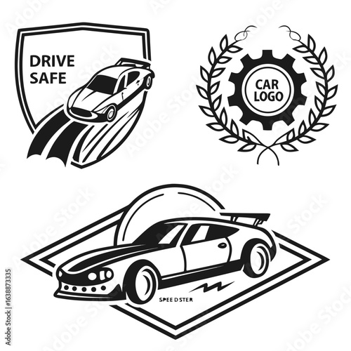 Set of Three Car-Themed Logos with Shield, Gear, and Speedster Designs