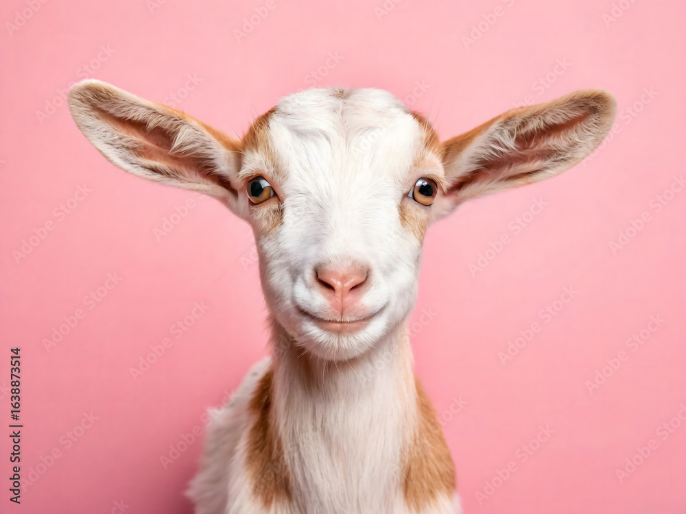 Fototapeta premium Close-up Portrait of a Young Goat with Wide Ears on a Pink Background animal farm